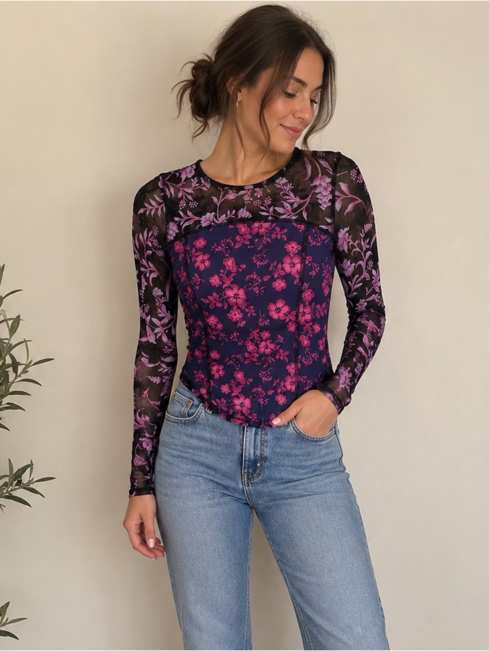 Free People Purple and Black Floral Mesh Long-Sleeve Top